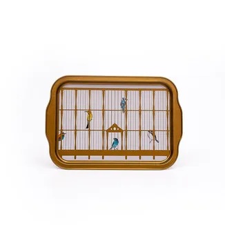 Bird Cage Desenli Kulplu Metal Tepsi, 21 x 31 cm