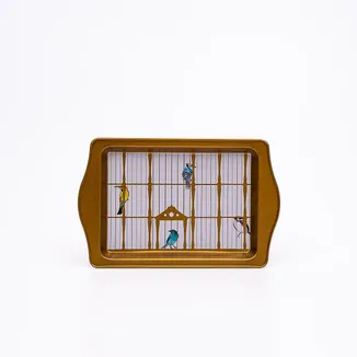 Bird Cage Desenli Kulplu Metal Tepsi 16 x 25 cm