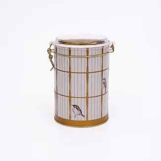 Bird Cage Desenli Kilitli Kapaklı Yuvarlak Metal Kutu, 10.5 x 15 cm, 1.1 lt