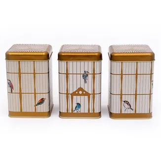 Bird Cage Desenli Kare Metal Saklama Kabı 3 lü Set, 10.5 x 10.5 x 16 cm