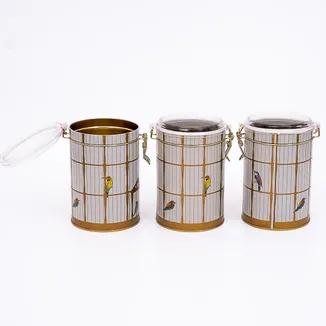 Bird Cage Desenli Kilitli Kapaklı Yuvarlak Metal Saklama Kabı 3 lü Set 10.5 x 15 cm