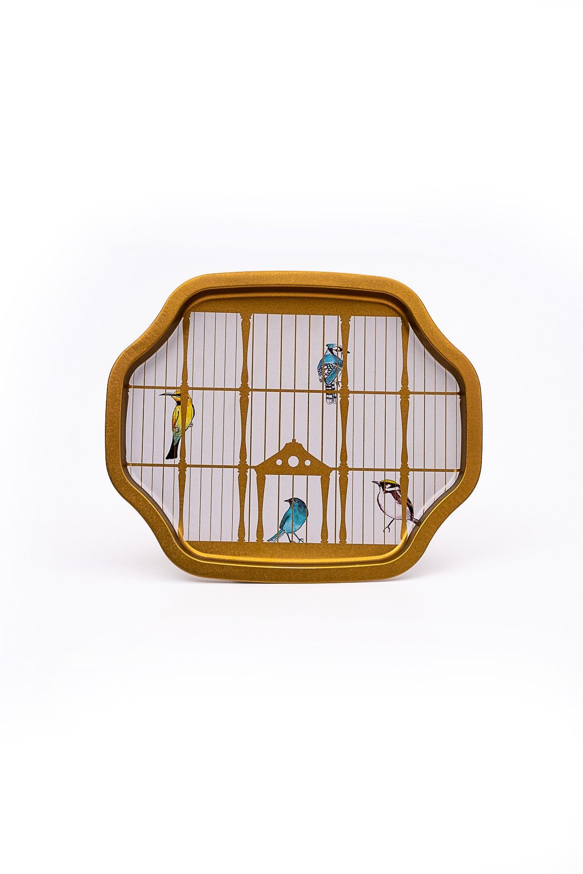 Bird Cage Desenli Büyük Sekizgen Metal Tepsi, 27 x 33 cm