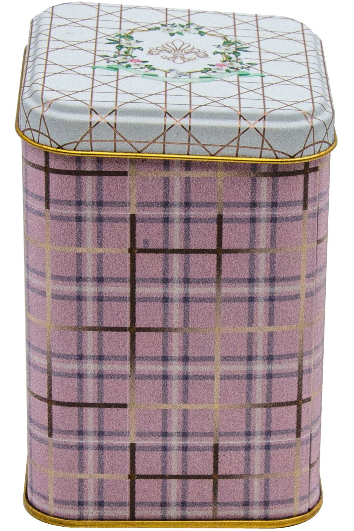 Rosy Plaid Desenli Kare Metal Kutu, 9 x 9 x 12.5 cm, 1 lt