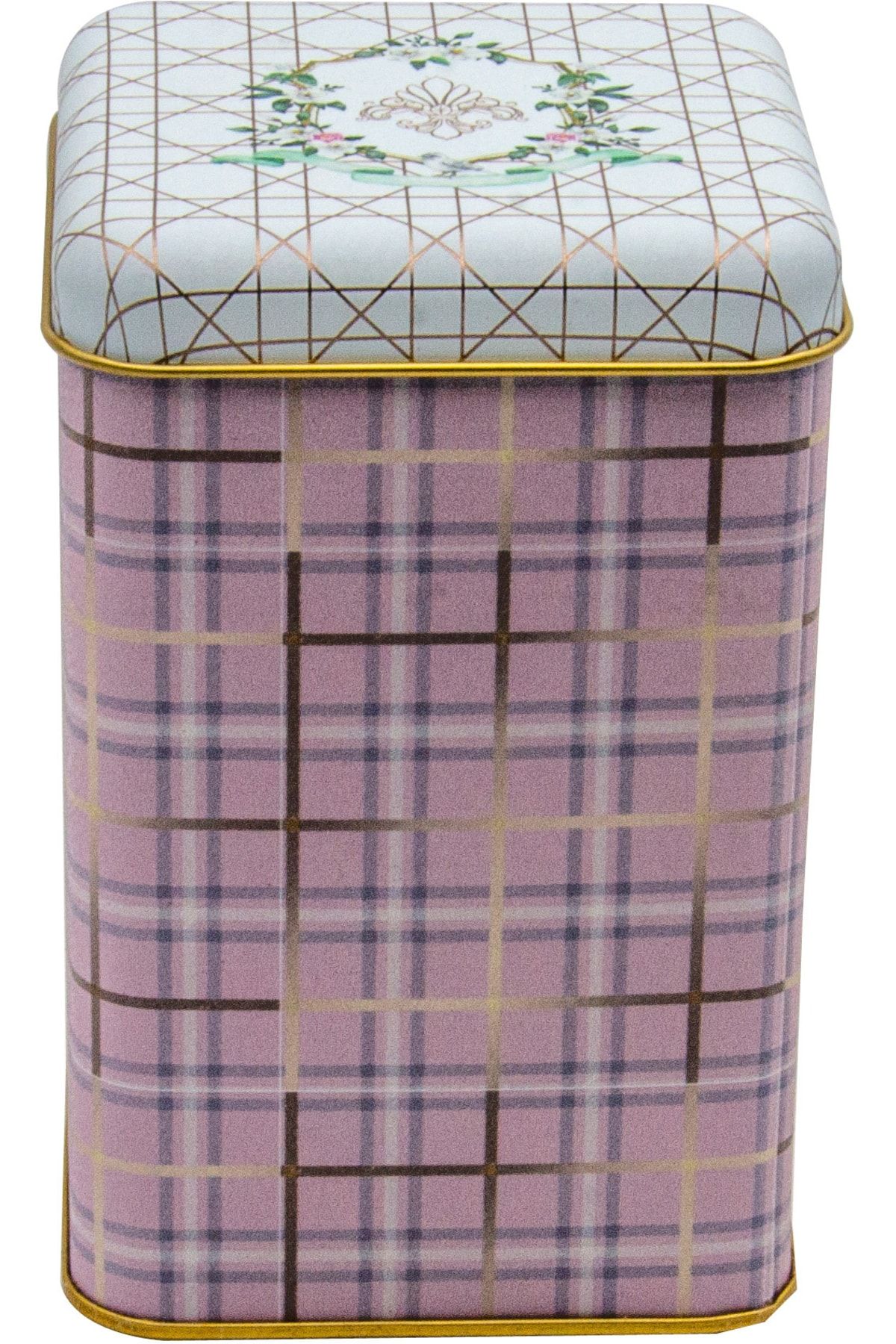 Rosy Plaid Desenli Kare Metal Kutu, 10.5 x  10.5 x 16 cm, 1.7 lt