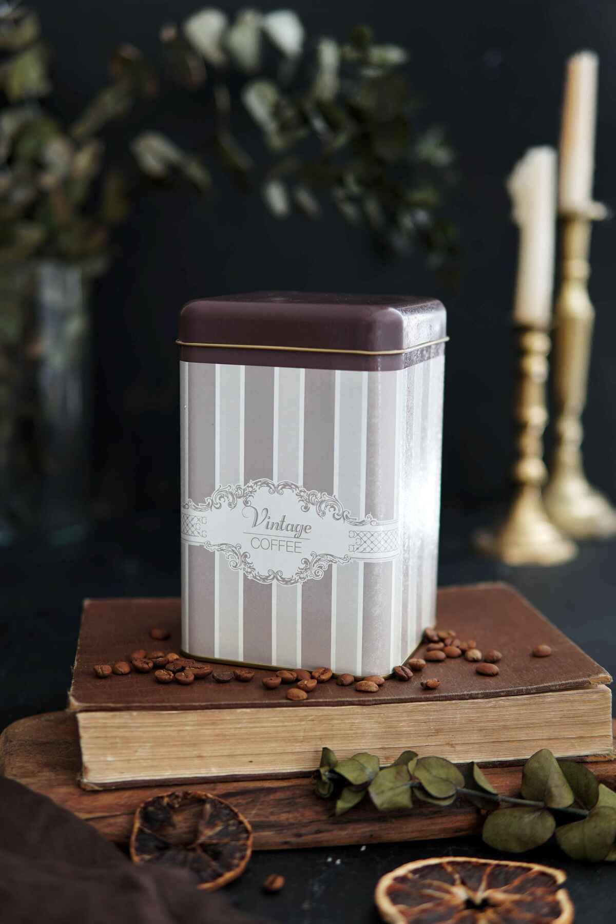 Elegance Coffee Desenli Kare Metal Kutu, 10.5 x  10.5 x 16 cm, 1.7 lt