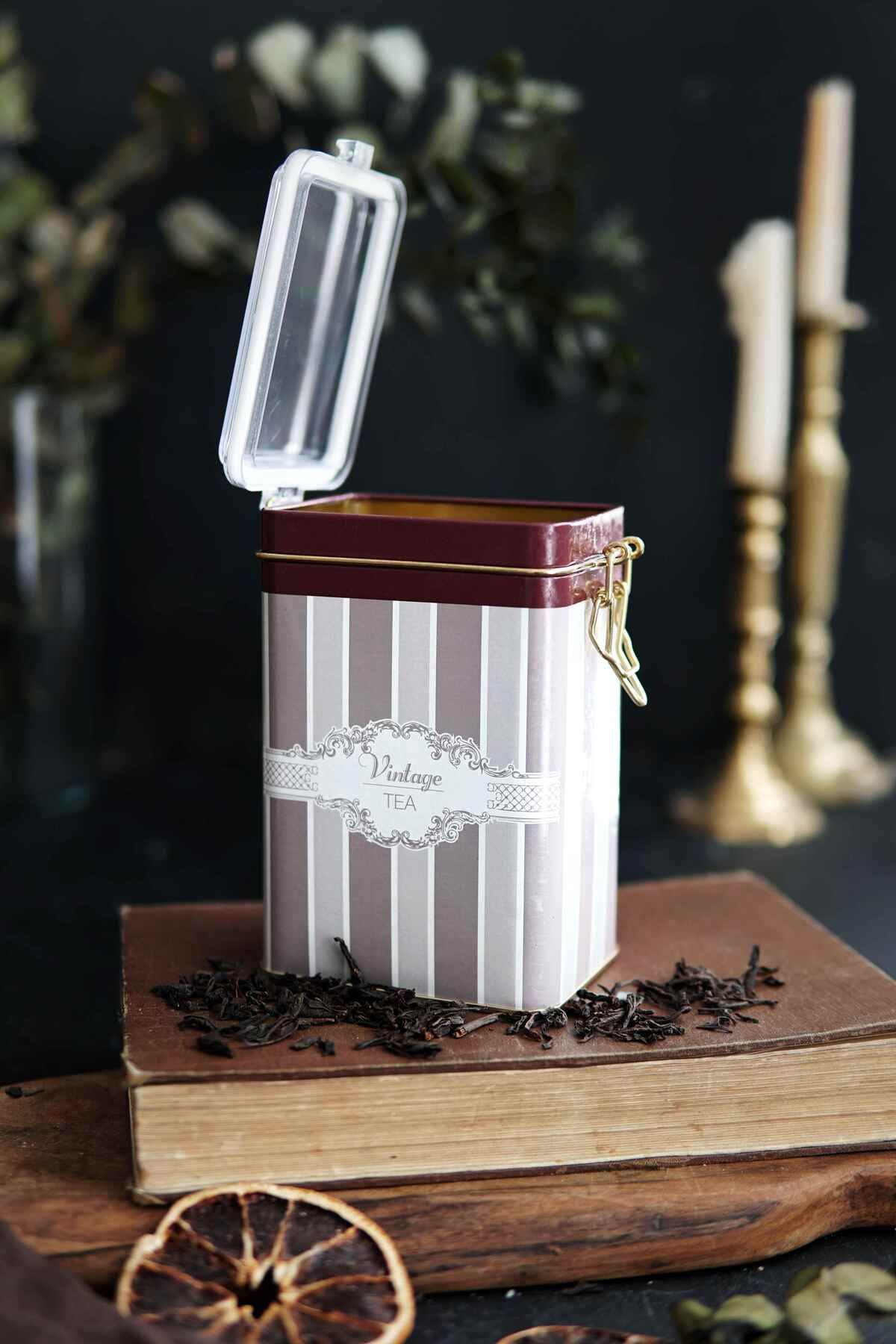 Elegance Tea Desenli Kilitli Kapaklı Dikdörtgen Metal Kutu, 7.5 x 10 x 15 cm, 1 lt