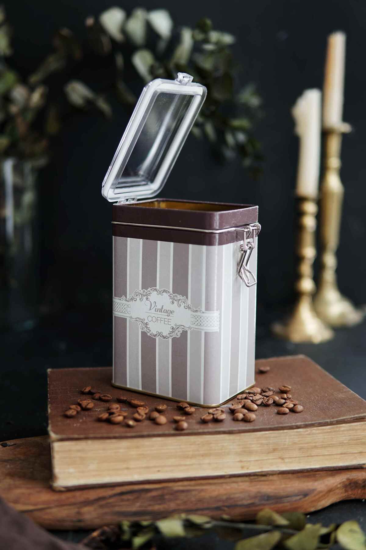 Elegance Coffee Desenli Kilitli Kapaklı Dikdörtgen Metal Kutu, 7.5 x 10 x 15 cm, 1 lt