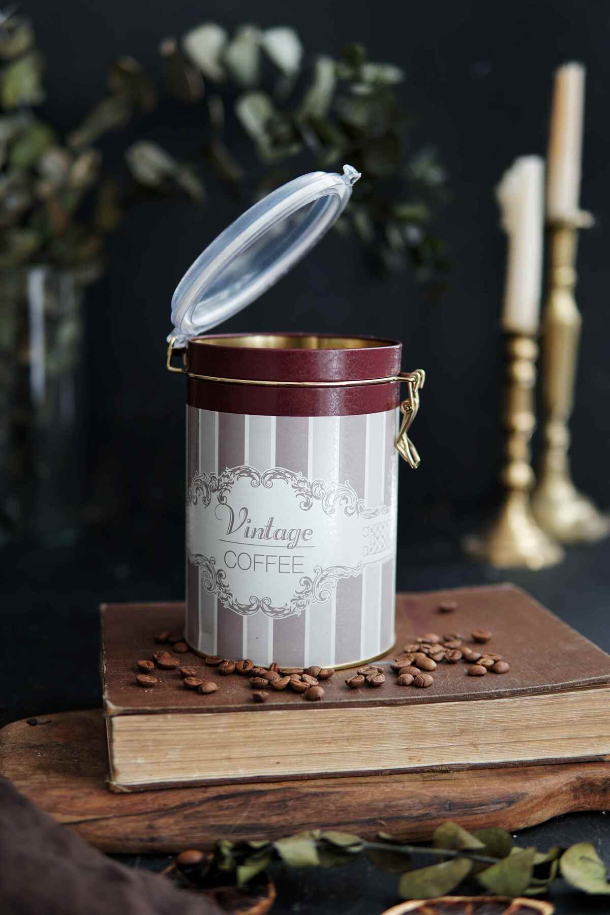 Elegance Coffee Desenli Kilitli Kapaklı Yuvarlak Metal Kutu, 10.5 x 15 cm, 1.1 lt