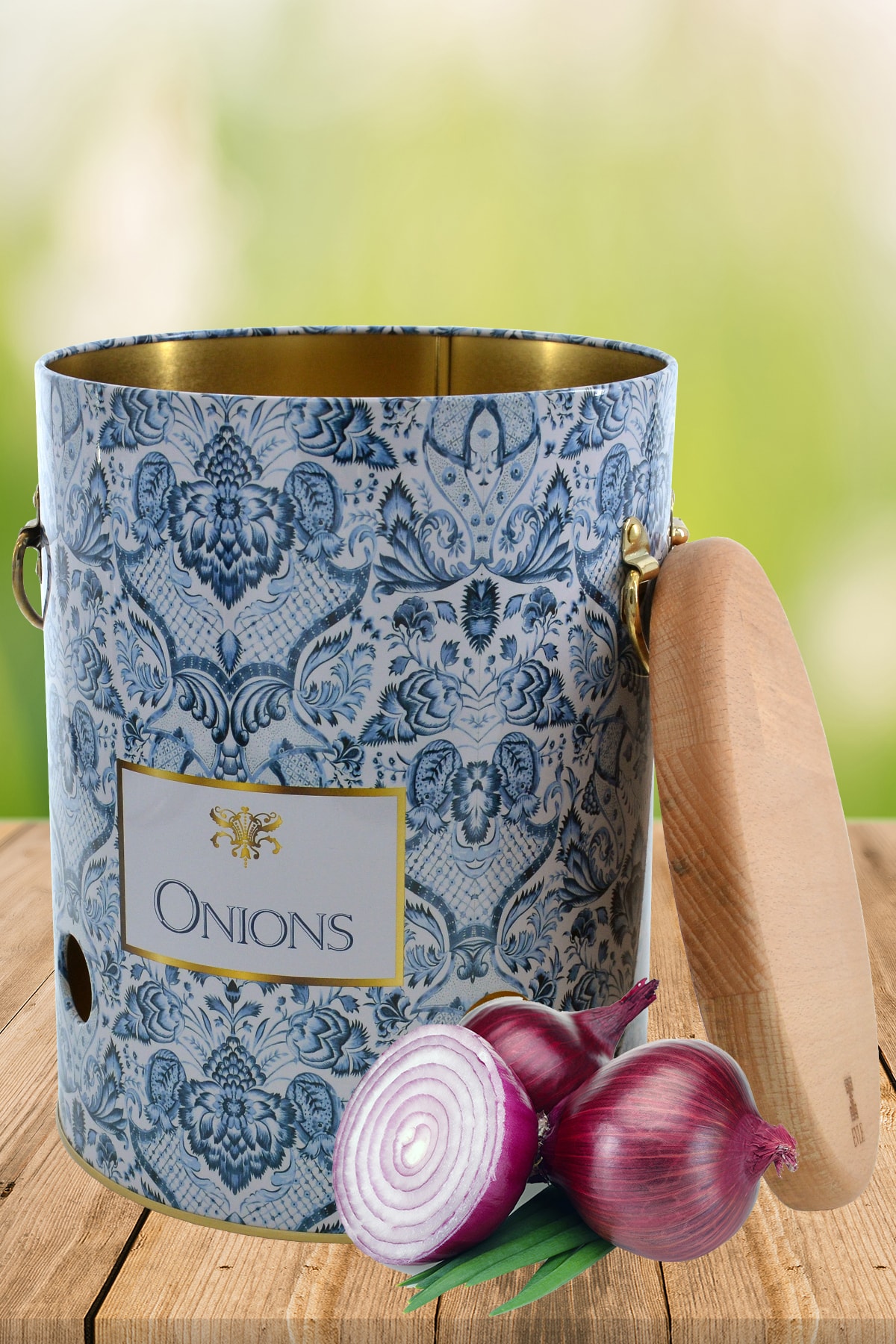 Azulejos Onions Desenli Ahşap Kapaklı Metal Soğanlık, 17.5 x 22.5 cm, 5 lt