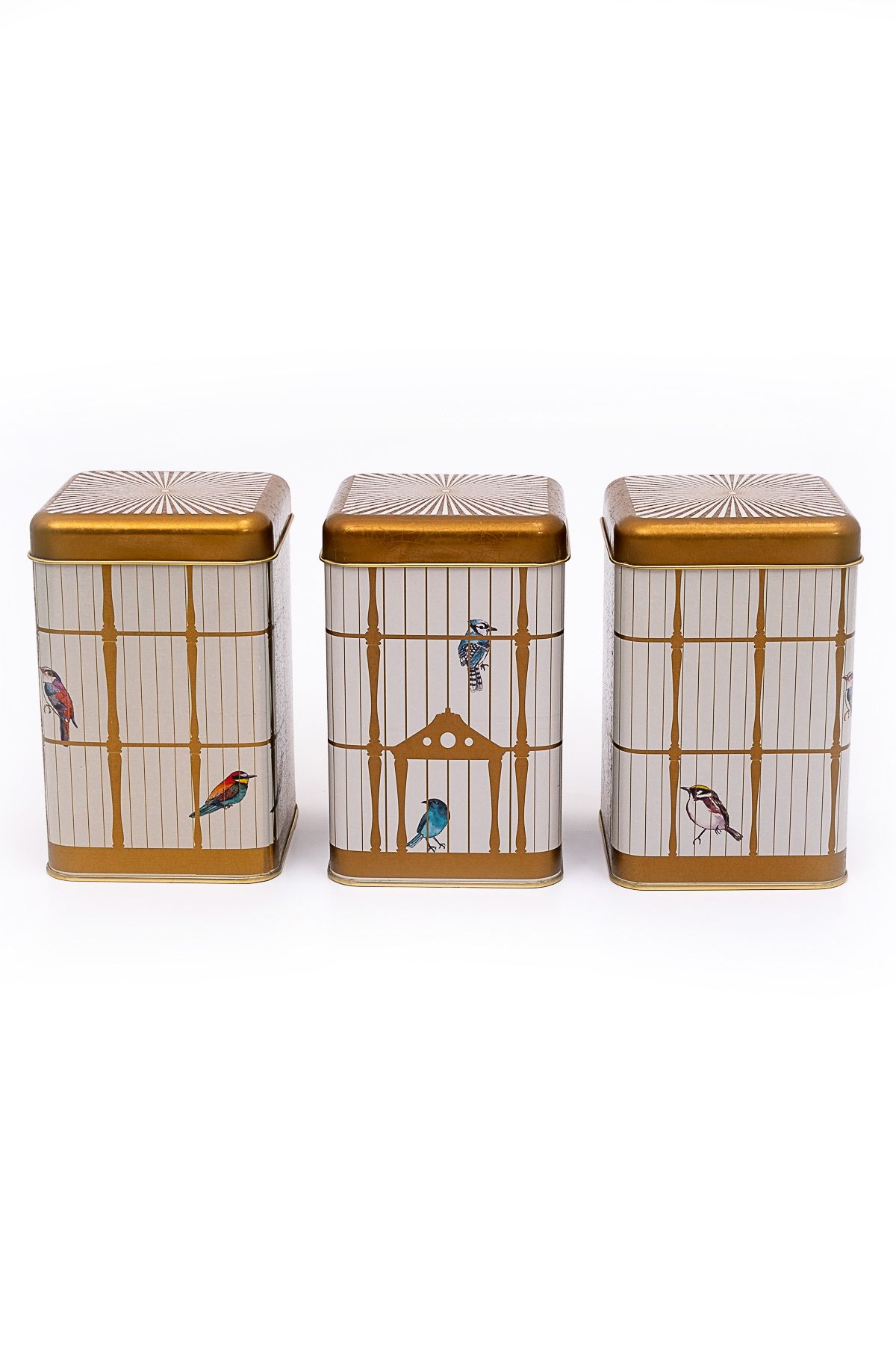 Bird Cage Desenli Kare Metal Saklama Kabı 3 lü Set, 10.5 x 10.5 x 16 cm