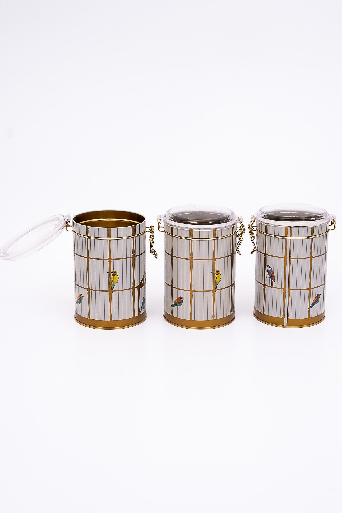 Bird Cage Desenli Kilitli Kapaklı Yuvarlak Metal Saklama Kabı 3 lü Set 10.5 x 15 cm
