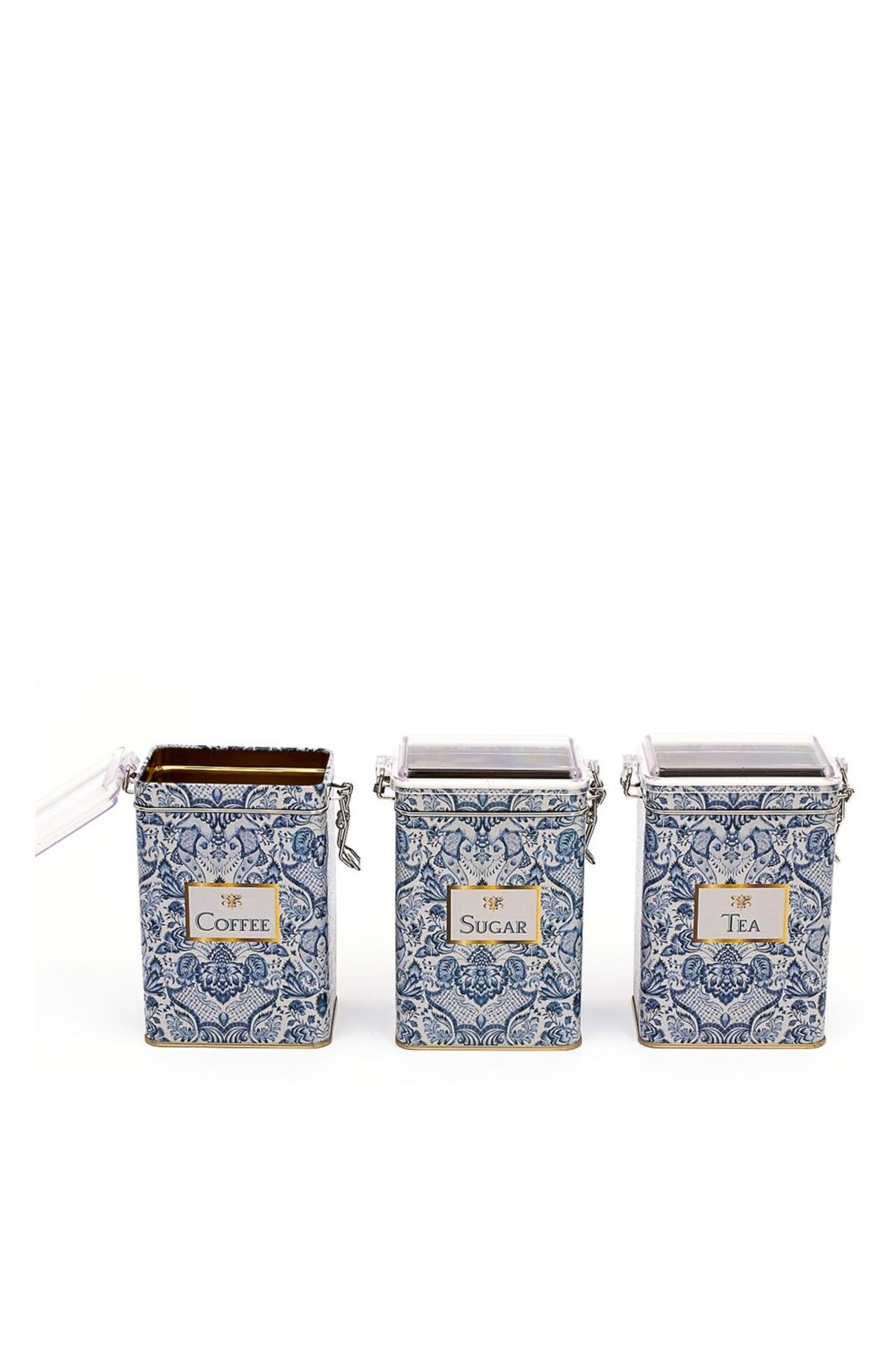 Azulejos Desenli Dikdörtgen Kilitli Saklama Kabı 3 lü Set 7.5 x 10 x 15 cm Tea, Coffee, Sugar