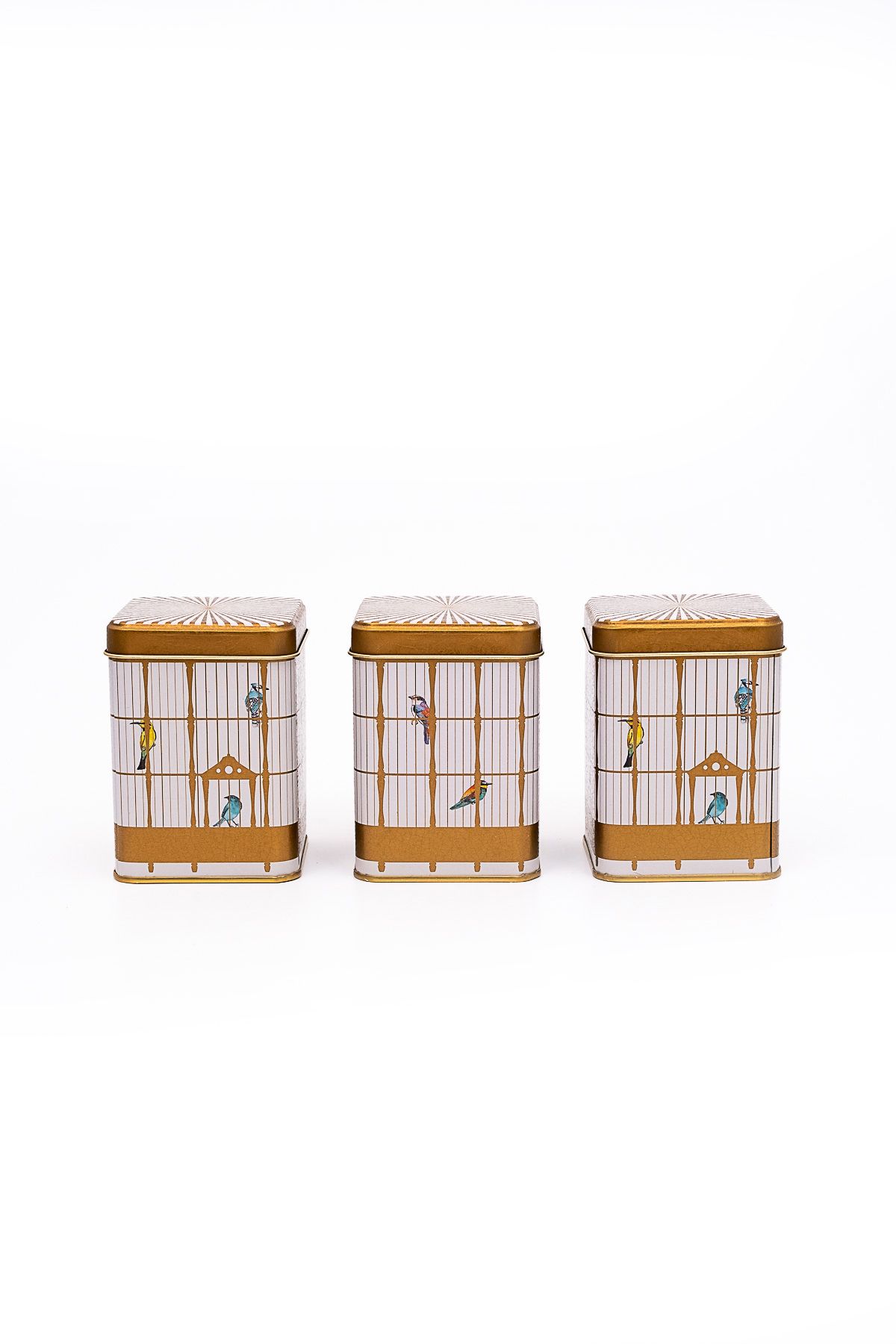 Bird Cage Desenli Kare Metal Saklama Kabı 3 lü Set, 7.5 x 7.5 cm