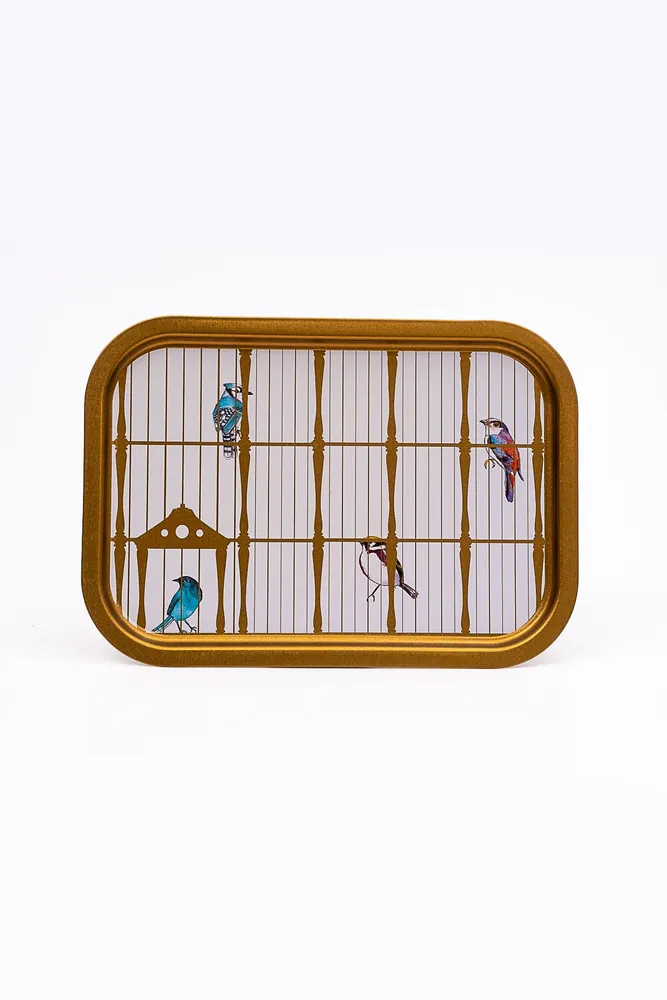Bird Cage Desenli Büyük Klasik Metal Tepsi, 28 x 40 cm