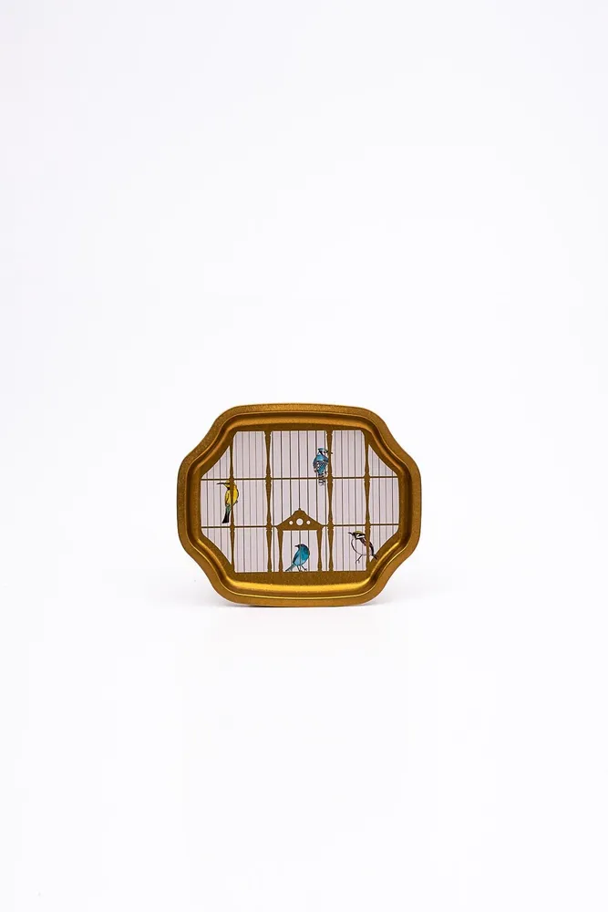 Bird Cage Desenli Küçük Sekizgen Metal Tepsi, 16 x 19 cm