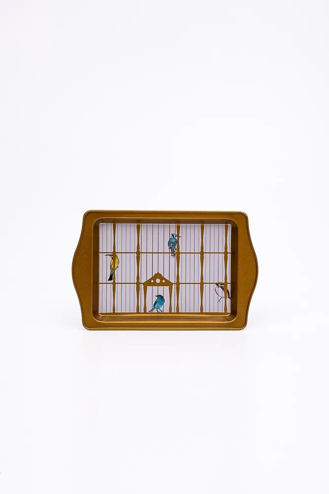Bird Cage Desenli Kulplu Metal Tepsi 16 x 25 cm