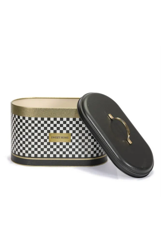 Checkers Black_Swt Home Desenli Oval Metal Ekmek Kutusu, 10.4 lt