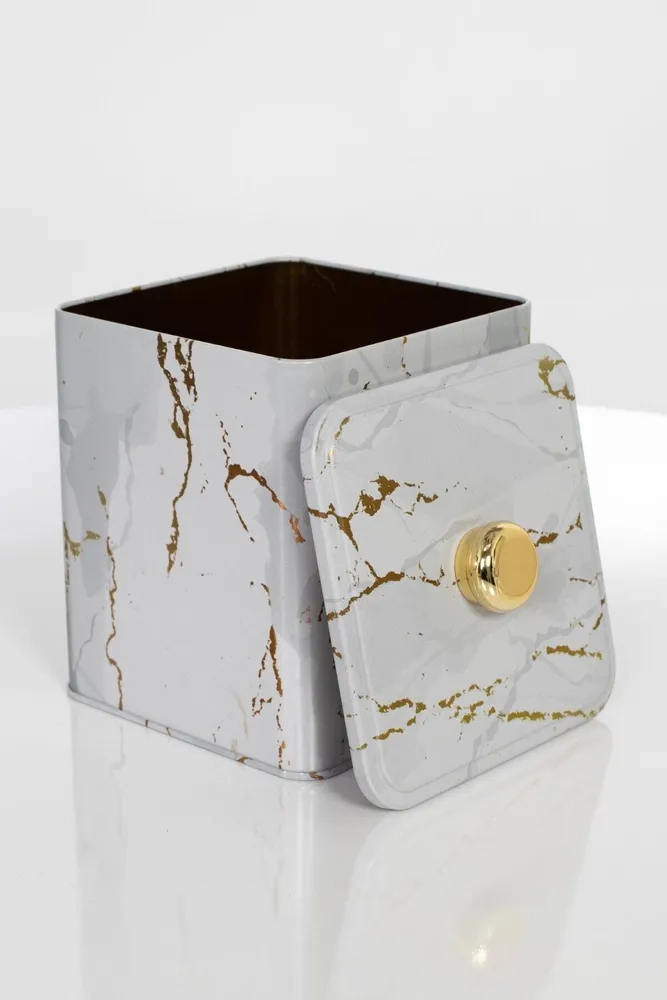 Marble White Desenli Kare Metal Kutu, 12 x 12 x 13.7 cm, 1.8 lt