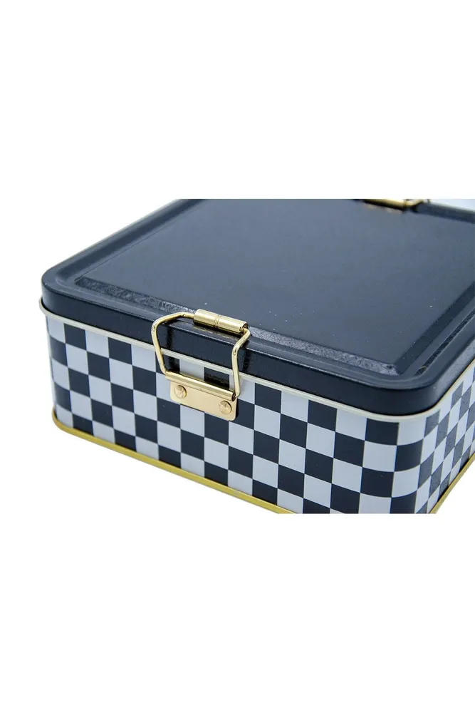 Checkers Black Desenli Kare Metal Kutu, 15.8 x 15.8 x 8.7 cm, 1.9 lt