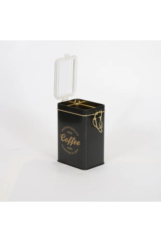 SN_Coffee Black Desenli Kilitli Kapaklı Dikdörtgen Metal Kutu, 7.5 x 10 x 15 cm, 1 lt
