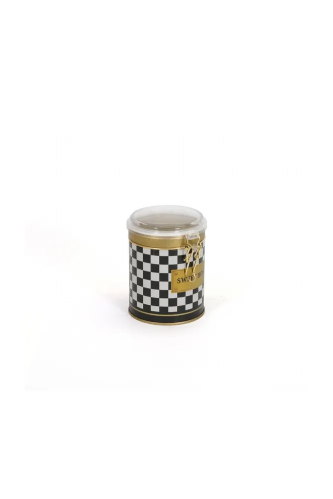 Checkers Black_Swt Home Desenli Kilitli Kapaklı Yuvarlak Metal Kutu, 9 x 11 cm, 0.6 lt