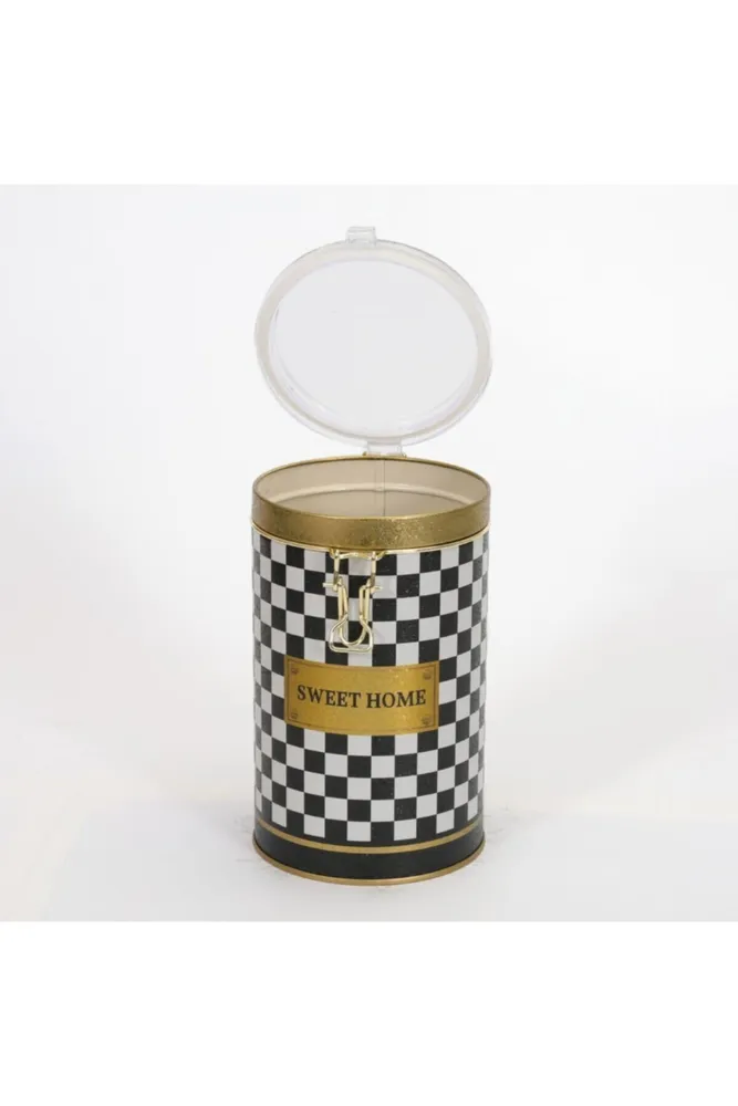 Checkers Black_Swt Home Desenli Kilitli Kapaklı Yuvarlak Metal Kutu, 10.5 x 15 cm, 1.1 lt