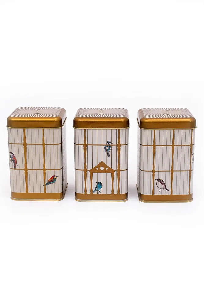 Bird Cage Desenli Kare Metal Saklama Kabı 3 lü Set, 10.5 x 10.5 x 16 cm