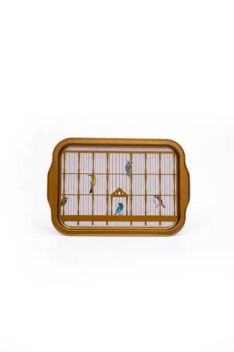 Bird Cage Desenli Kulplu Metal Tepsi, 21 x 31 cm