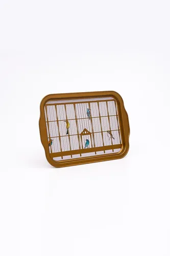 Bird Cage Desenli Kulplu Metal Tepsi, 21 x 31 cm