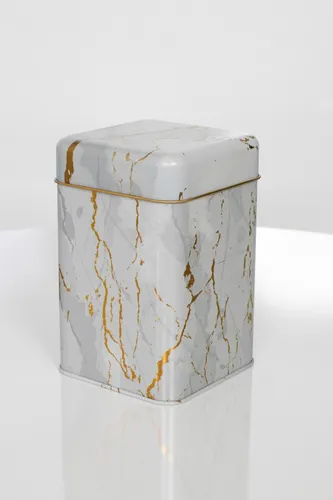 Marble White Desenli Kare Metal Kutu, 10.5 x  10.5 x 16 cm, 1.7 lt