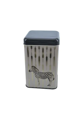 Safari Zebra Desenli Kare Metal Kutu, 10.5 x  10.5 x 16 cm, 1.7 lt