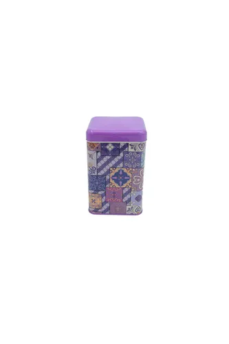 Mor Ekose Desenli Flat Purple Desenli Kare Metal Kutu, 10.5 x  10.5 x 16 cm, 1.7 lt