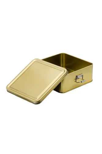 Flat Gold Desenli Kare Metal Kutu, 15.8 x 15.8 x 8.7 cm, 1.9 lt