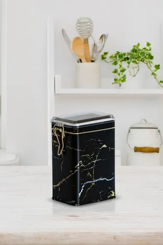 Marble Black Desenli Kilitli Kapaklı Dikdörtgen Metal Kutu, 7.5 x 10 x 15 cm, 1 lt