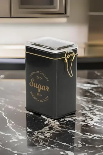 SN_Sugar Black Desenli Kilitli Kapaklı Dikdörtgen Metal Kutu, 7.5 x 10 x 15 cm, 1 lt