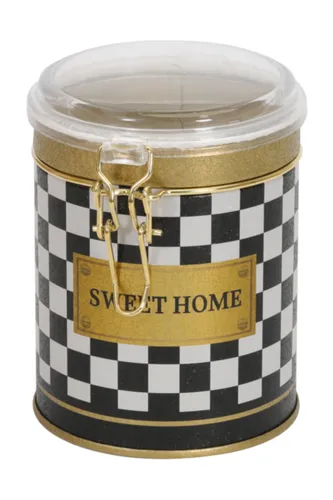 Checkers Black_Swt Home Desenli Kilitli Kapaklı Yuvarlak Metal Kutu, 9 x 11 cm, 0.6 lt