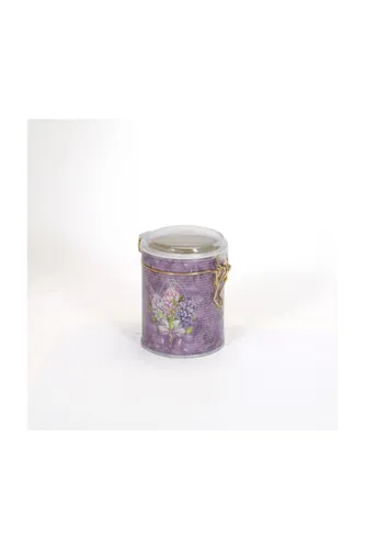 Flower Purple Desenli Kilitli Kapaklı Yuvarlak Metal Kutu, 9 x 11 cm, 0.6 lt