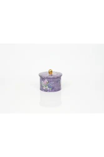 Flower Purple Desenli Topuz Kulplu Yuvarlak Metal Kutu, 14 x 10 cm, 1.3 lt