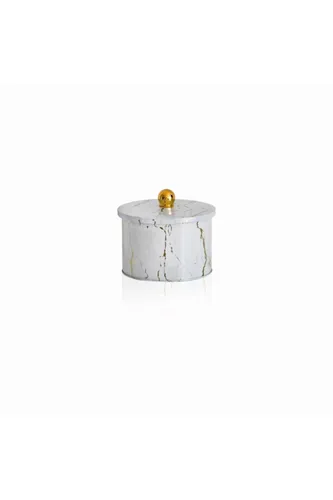 Marble White Desenli Topuz Kulplu Yuvarlak Metal Kutu, 14 x 10 cm, 1.3 lt