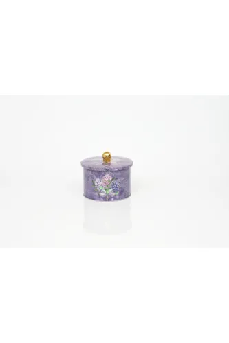 Flower Purple Desenli Topuz Kulplu Yuvarlak Metal Kutu, 14 x 10 cm, 1.3 lt