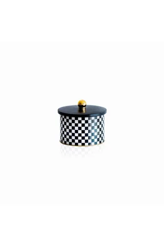 Checkers Black Desenli Topuz Kulplu Yuvarlak Metal Kutu, 14 x 10 cm, 1.3 lt