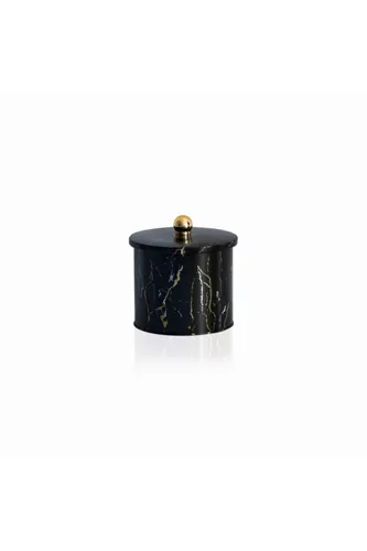 Marble Black Desenli Topuz Kulplu Yuvarlak Metal Kutu, 14 x 12.5 cm, 1.7 lt