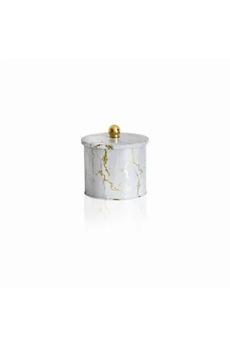 Marble White Desenli Topuz Kulplu Yuvarlak Metal Kutu, 14 x 12.5 cm, 1.7 lt