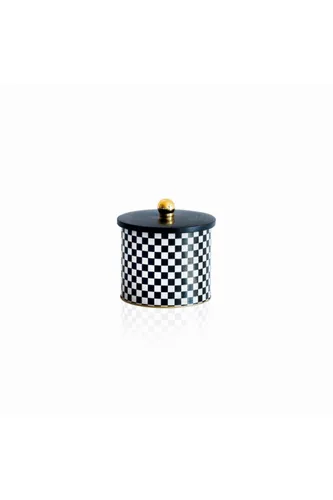 Checkers Black Desenli Topuz Kulplu Yuvarlak Metal Kutu, 14 x 12.5 cm, 1.7 lt