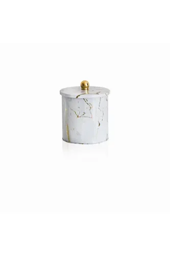 Marble White Desenli Topuz Kulplu Yuvarlak Metal Kutu, 14 x 15 cm, 2.1 lt