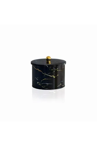 Marble Black Desenli Topuz Kulplu Yuvarlak Metal Kutu, 17.5 x 13 cm, 2.9 lt