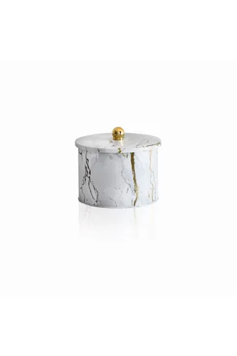 Marble White Desenli Topuz Kulplu Yuvarlak Metal Kutu, 17.5 x 13 cm, 2.9 lt
