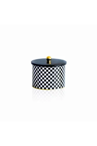 Checkers Black Desenli Topuz Kulplu Yuvarlak Metal Kutu, 17.5 x 13 cm, 2.9 lt