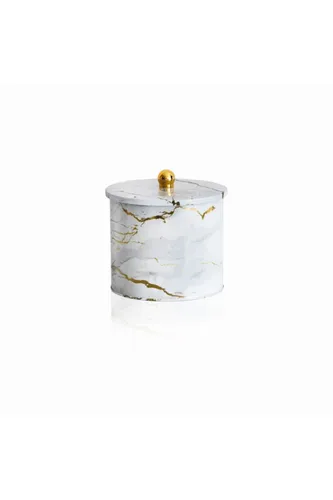 Marble White Desenli Topuz Kulplu Yuvarlak Metal Kutu, 17.5 x 15.5 cm, 3.5 lt