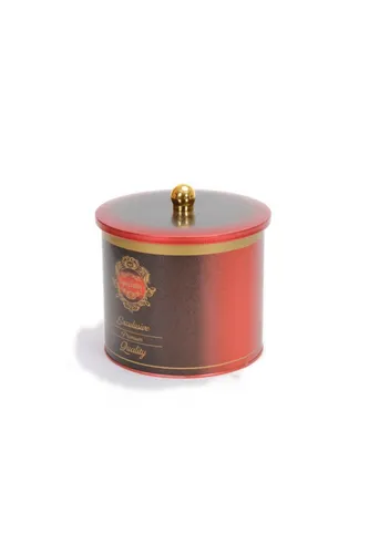 Specialty Red Desenli Topuz Kulplu Yuvarlak Metal Kutu, 17.5 x 15.5 cm, 3.5 lt